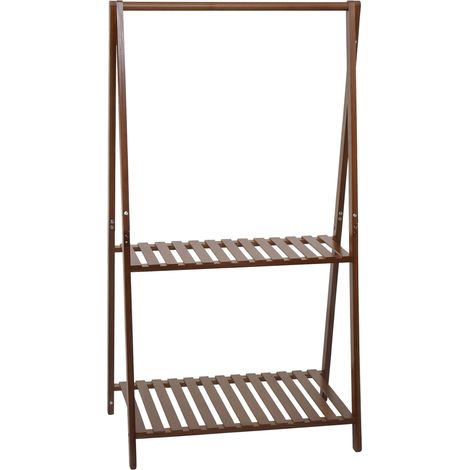 [JAMAIS UTILISÉ] Portemanteau sur pied en bambou HHG-367, portemanteau, porte-vêtements, étagère à chaussures, tringle et 2 tablettes, 130 x 70 x 44 cm, marron