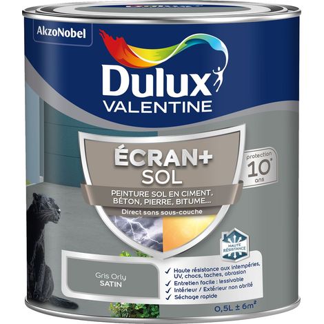 Ecran+ Sol - Peinture solvantée pour sols Intérieur et Extérieur - Ciment, béton, dalles, parquets et escaliers - Satin Gris Orly 0,5 L - Dulux Valentine