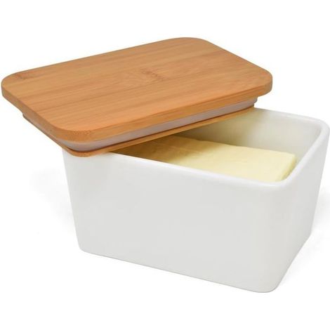 Beurrier Ceramique Avec un Couvercle,beurrier 500g avec couvercle en bambou,Joint en silicone amovible,garde le beurre frais et (1/5)