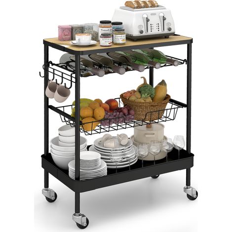 Sekey Chariot de bar à roulettes avec plateau de travail, desserte de cuisine avec porte-bouteilles, 36 x 59 x 75 cm (1/5)