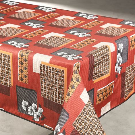 Nappe anti taches motif fleur et forme géométrique Terracotta 145x300 cm