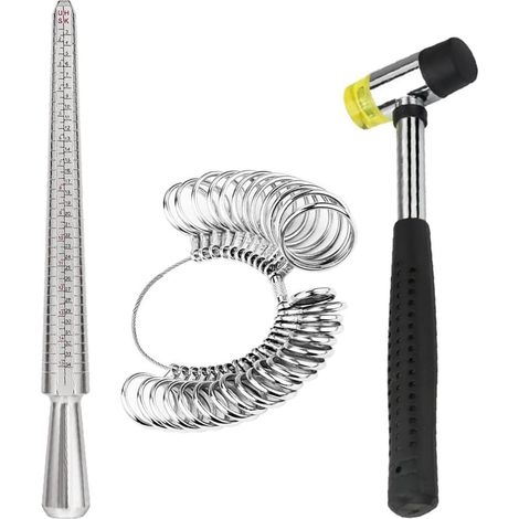 Ring measuring tool set - Round mandrel with rubber hammer - Metal sizing gauge for jewelry and ring making (1/5)