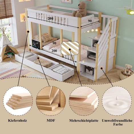 Lit superposé enfant, lit mezzanine avec escalier rangement, 3 tiroirs coulissants, tableau ardoise pour dessin, pin + MDF + panneaux + contreplaqué, blanc et naturel, 90x200 cm (1/5)