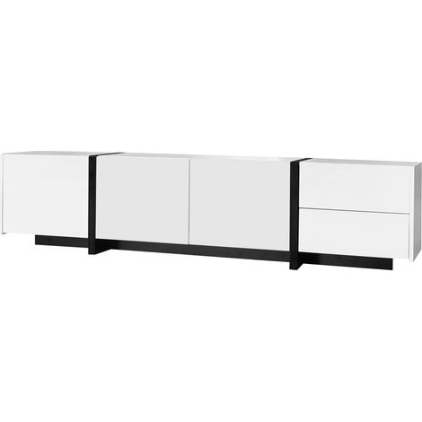 Mueble TV bajo blanco y negro brillo con 3 puertas, cajón y puerta abatible 170 x 30 x 39 cm (1/5)