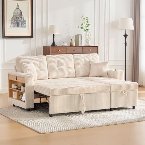 Sofá cama extraíble con iluminación usb-c y LED soporte para bebidas y reposabrazos amplios beige (1/5)