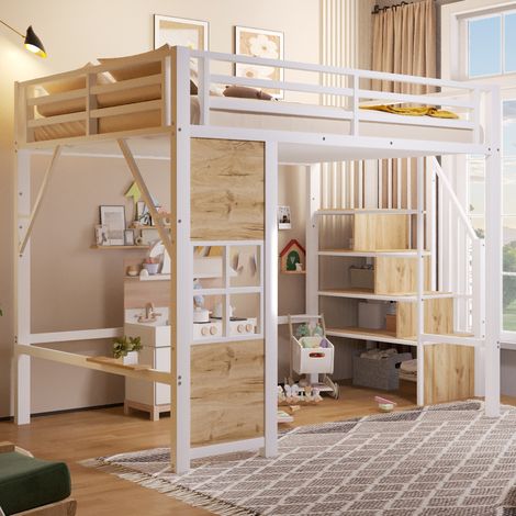 Lit mezzanine enfant 140x200 cm en métal blanc, gain de place pour chambre, sans matelas FloraGrace (1/5)