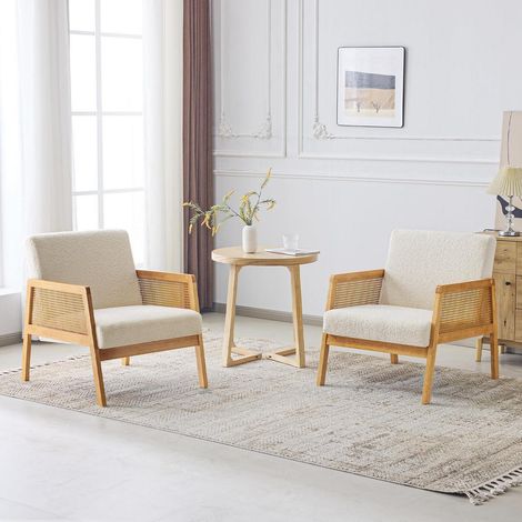 Ohrensessel 2er Set Bouclé Weiß mit Holzrahmen, Loungesessel für Wohnzimmer (1/5)