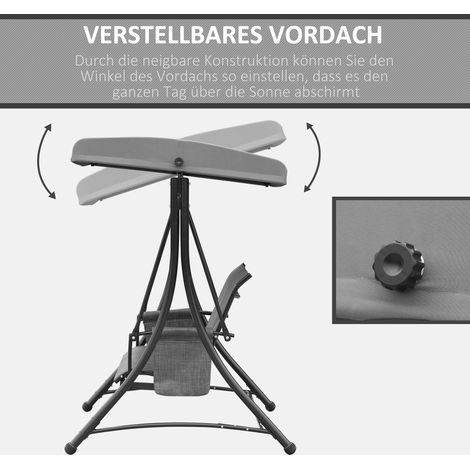 Balancelle 3 places Hollywood avec rangement latéral et auvent ajustable, charge max 300 kg, parfaite pour jardin et terrasse. Dimensions : 196x128x172 cm, gris anthracite. (1/4)