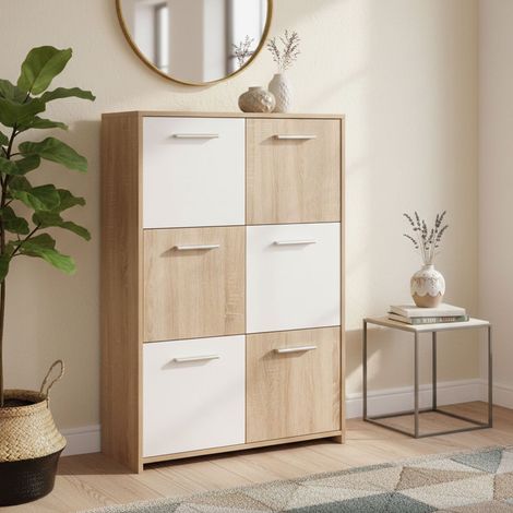 Dmora Aparador con seis puertas, blanco y roble, Medidas 77 x 115 x 30 cm, con embalaje reforzado (1/5)