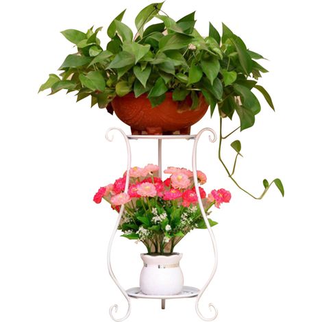 Support à plantes en métal à deux niveaux, porte-pots de fleurs, étagère de présentation, organisateur de rangement pour balcon, jardin et décoration intérieure (1/5)