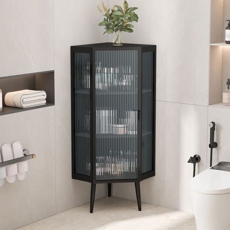 Placard d'angle au sol de 110 cm, trois niveaux avec portes en verre trempé et étagères de rangement pour salle de bain, salon et chambre à coucher noir (Même SKU : W2552P312996) (1/4)