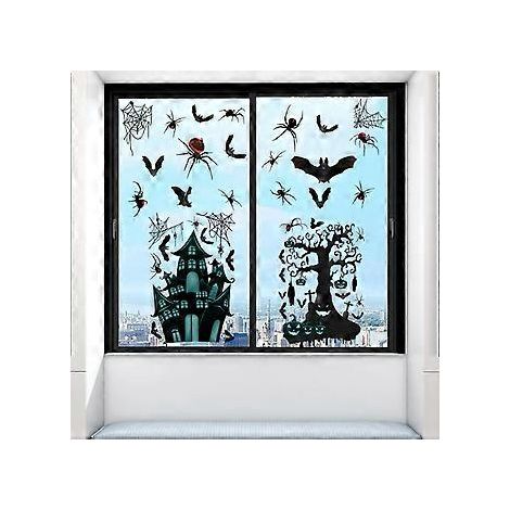 Halloween-Fensteraufkleber, abnehmbare Halloween-Fensteraufkleber für Glasdekorationen, Fensteraufkleber mit Burg-, Fledermaus- und Spinnennetzmotiv (Halloween-Ba)