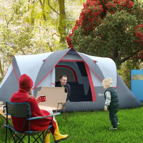 Tente camping hydrofuge 6 places protection UV poteaux en fibre verre - Dimensions: 4,55x2,2x1,8 m - Couleur: Gris