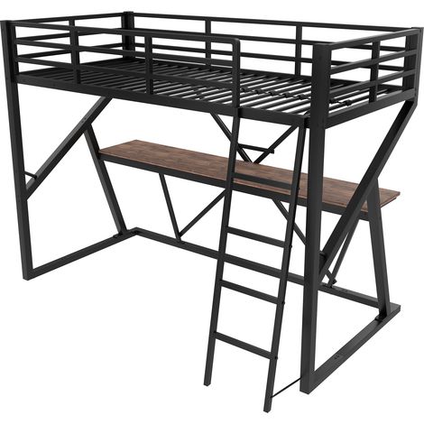 Letto a soppalco 90 x 200 cm in metallo nero con scrivania, LED, sponde ed scala (1/5)