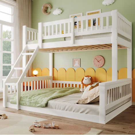 Letto a castello 90x200 cm e 140x200 cm bianco in pino con scala e barriera di sicurezza (1/5)