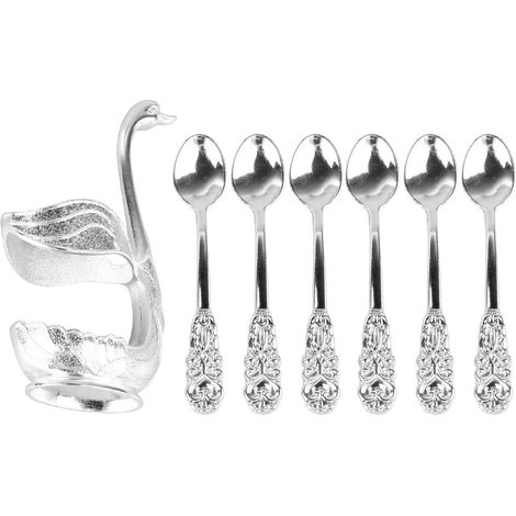 Porte-cuillère à café en alliage poli miroir forme cygne élégant avec 6 cuillères pour bureau et salon (1/5)