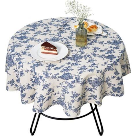 Nappe ronde en coton et lin bleu, 120 cm de diamètre – idéale pour les fêtes, les pique-niques et la décoration intérieure/extérieure.