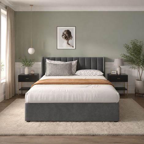 Letto matrimoniale 160x200 cm con rete a doghe, testiera imbottita, 2 cassetti in velluto grigio, senza materasso (1/5)