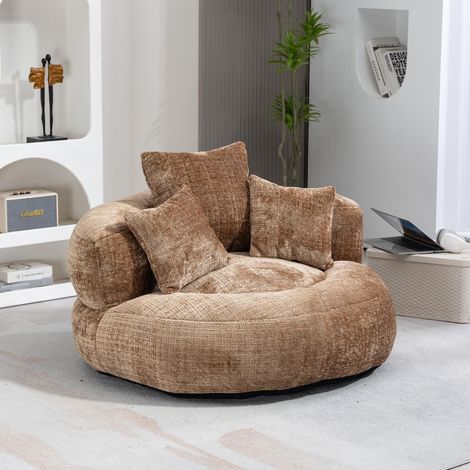 Canapé relax 108x108x52 cm et Sofa Lazy en Tissu Chenille - Siège de Gaming avec Dossier Haut et 3 Coussins - Mousse - Marron