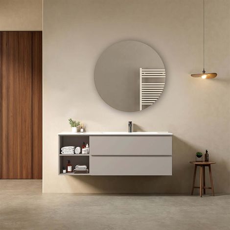 Mobile bagno sospeso 140 cm Grigio Cenere Lavabo a Destra in Resina Specchio Tondo - Fiji Paint Plus (1/4)