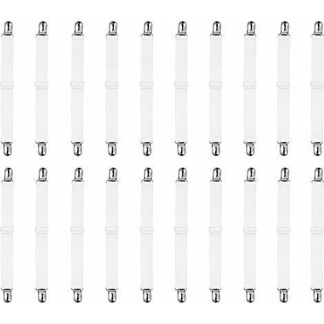 20 Bettlakenclips, verstellbare Bettlakenbefestigungsbänder, hochelastische Bettlakenbänder mit Clips, maximale Dehnungslänge 130 cm, weiß. (1/5)