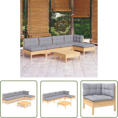 The Living Store 6-tlg. Garten-Lounge-Set mit Grauen Kissen Kiefernholz - Gartensessel - Lounge Set - Gartenmöbeln - Outdoor Möbel - Rattan Sessel (1/5)