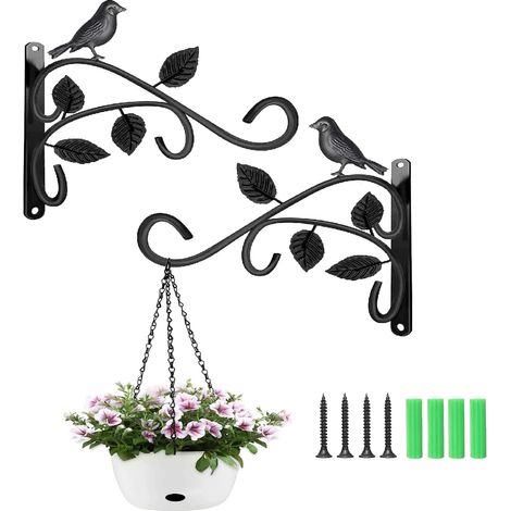 Crochets de suspension pour balcon lot de 2, supports pour plantes en fer 30 cm, fixation murale extérieur, résistants à la rouille, avec vis et chevilles, noir