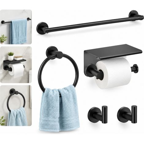Set de salle de bain 5 pièces, couleur noir, en acier inoxydable, avec barre de 60 cm et porte-serviettes, finition moderne et résistante à la rouille, ensemble complet pour votre salle de bain (1/5)
