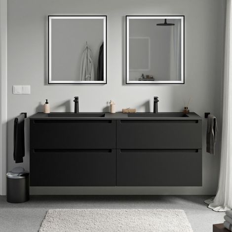 BERNSTEIN - Meuble double vasque suspendu MDF Noir mat, lavabos fonte Noir mat + trous robinet, tiroirs pivotants - 160x46x62cm - VIREO