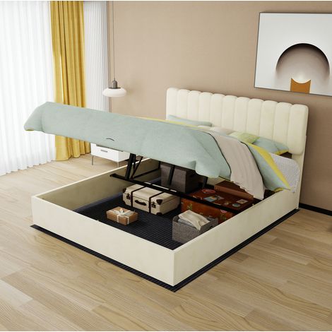 Lit 160/200 cm beige en tissu et métal à tête de lit rembourrée (1/5)