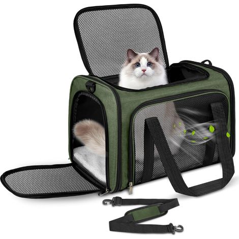 1 - Sac Transport Chat - Caisse de Transport Chien - Pliable et Respirant avec Coussin Lavable - Pour Voyage en Voiture ou Train - Vert - 43x28x28cm (1/5)