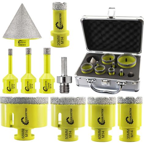 Foret Diamant Kit Trepan Carrelage - 10pcs (6/8/10/20/35/40/50/68mm+50mm Mèches de Chanfrein+Adaptateur) Scie Cloche pour Carrelage Céramique Porcelaine Marbre Granit M14 Filetage (1/5)