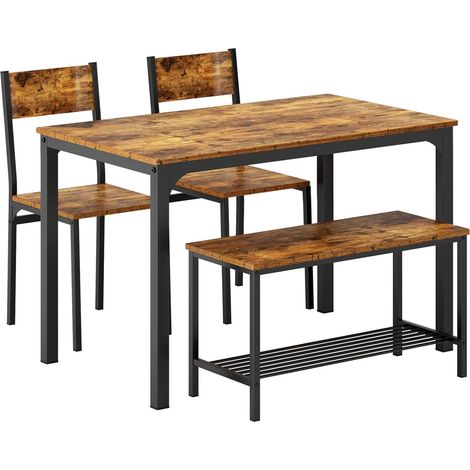 Soges – Ensemble salle à manger 4 pièces – Table 110x70cm avec 2 chaises et banc – Bois vintage et métal noir – Pour cuisine et salon