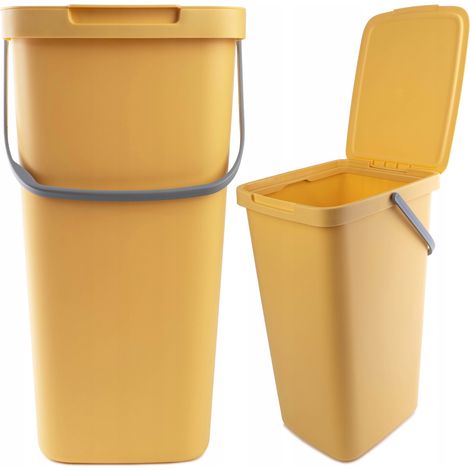 KADAX Poubelle avec couvercle et poignée, poubelle en plastique, pour le tri des déchets, rectangulaire, avec couvercle à charnière (jaune, 25 l) (1/5)