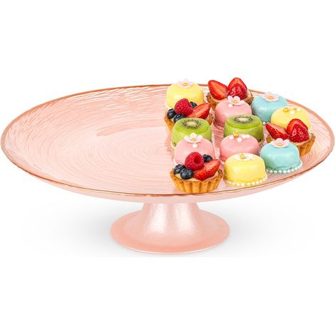 Soporte para tartas de cristal rosa con pie, 28 cm