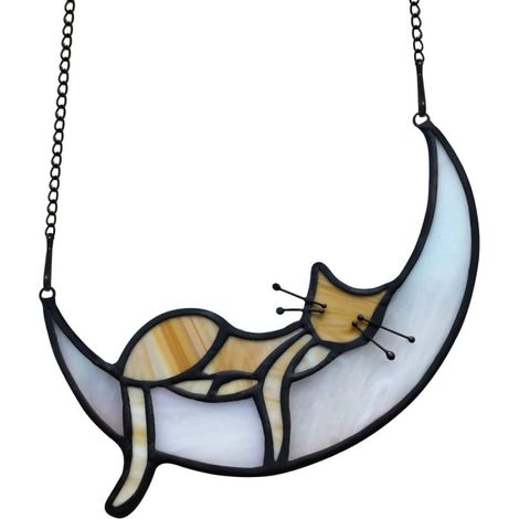 Suspension Vitraux Chat Lune - Décor Fenêtre en Acrylique 23 x 23 cm - Pour Intérieur Extérieur - Souvenir Animal de Compagnie - 1 Pièce (1/5)