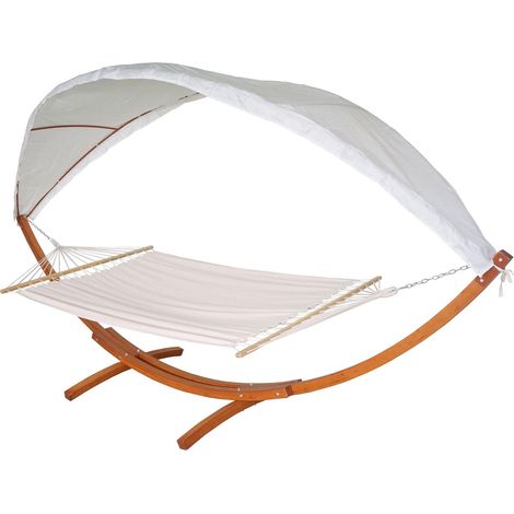 Amaca 2 posti con struttura in legno e parasole HHG-675 regolabile 420cm marrone telo avorio