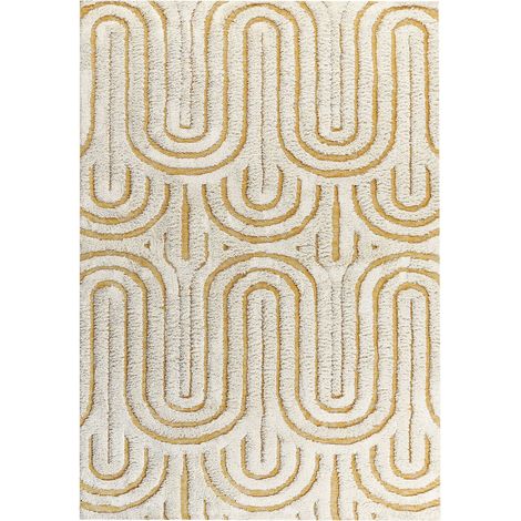 Tappeto moderno in cotone con motivo astratto pelo basso bianco sporco e giallo 160 x 230 cm Perai