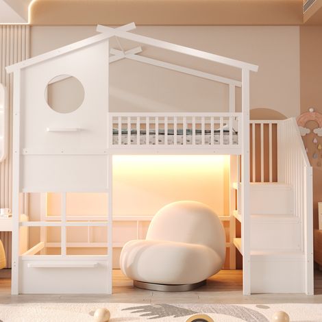 Hochbett 90x200 cm mit Lattenrost - hausbett kinderbett aus metall mit treppe stauraum sicherheitsgitter und led-lichtleiste für jugendliche - weiß (1/5)