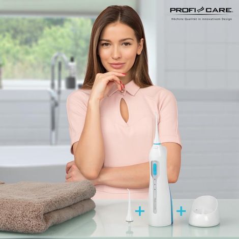 ProfiCare MD 3026 - Irrigador bucal portátil inalámbrico, Color Blanco y Azul (1/5)