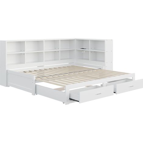 Weißes Multifunktionsbett aus Holz mit Stauraum und Steckdose 90/180 x 190 cm (1/5)