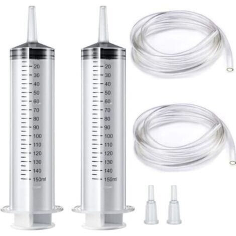 Pair Lot de 2 grandes seringues de dosage en plastique de 150 ml avec tube de 1,3 m et adaptateur d'embout pour laboratoire scientifique, industriel [usage non médical] (1/5)