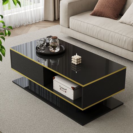 LED-Couchtisch 100 x 50 x 40 cm, 3 Schubladen, Schwarz und Gold, glänzende Oberfläche HAVRYA (1/5)