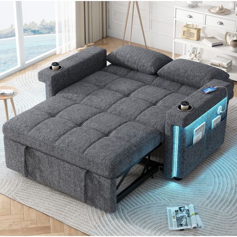 Sofá cama de 2 plazas con respaldo regulable, LED, USB/Type-C, gris OKMYHOME (1/5)