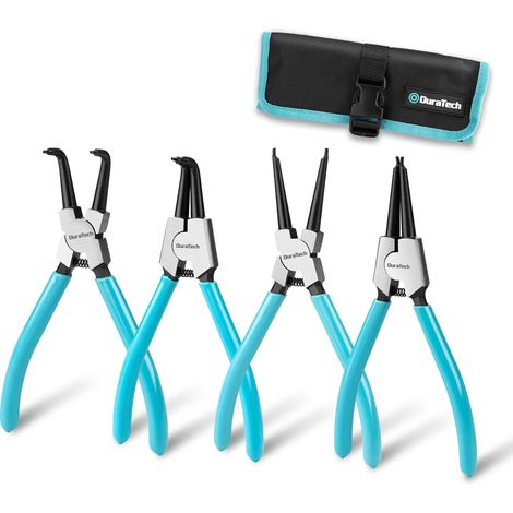 DURATECH Jeu de 4 Pinces à Circlips Intérieures et Extérieures Droites et Coudées à 90°, Pointes de 1,8 mm, Acier au Carbone à Haute Résistance, Avec Pochette de Rangement (1/5)