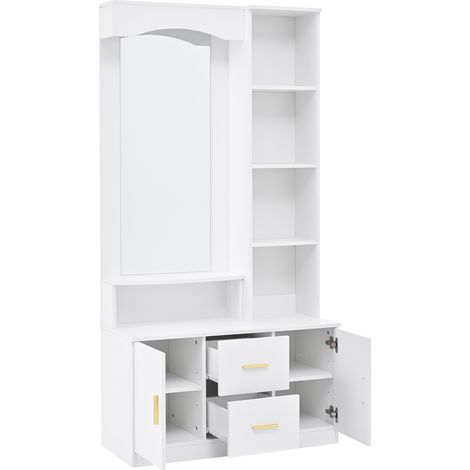 Flurmöbel mit 2 Türen, 2 Schubladen, Regalen und Spiegel, Schuhschrank für Eingangsbereich, MDF, Weiß (1/5)