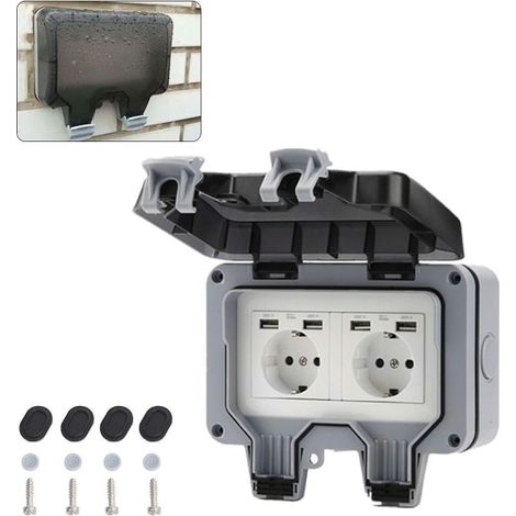 Prise étanche avec boîtier, double prise murale extérieure IP66 avec interrupteur double et port USB pour jardin, garage, piscine, avec couvercle (1/5)