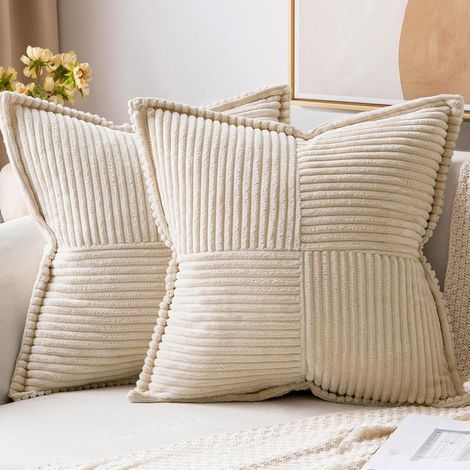 Corduroy Cushion Covers, Set of 2 Decorative Square Patchwork Cushion Covers, Soft Pillowcase for Home Decor, Sofa, Bedroom, Cream, 45x45 cm (1/5)