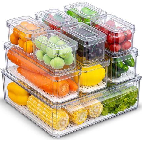 APEX Lot de 10 organisateurs de réfrigérateur, boîtes de rangement empilables avec couvercles, boîte transparente pour fruits. (1/5)