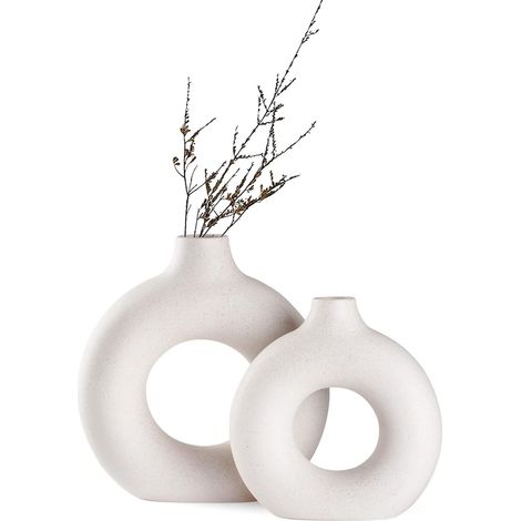 Lot de 2 vases en céramique en Donut Blanc pour décoration d'intérieur Moderne, vases Ronds Mats pour Herbe de la Pampa, Style Minimaliste Nordique Neutre (Grand+Petit) (1/5)